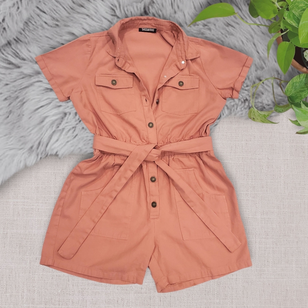 Sassafras Coral Pink Denim Jumper Playsuit- Size Small- New without tags - Picture 8 of 9